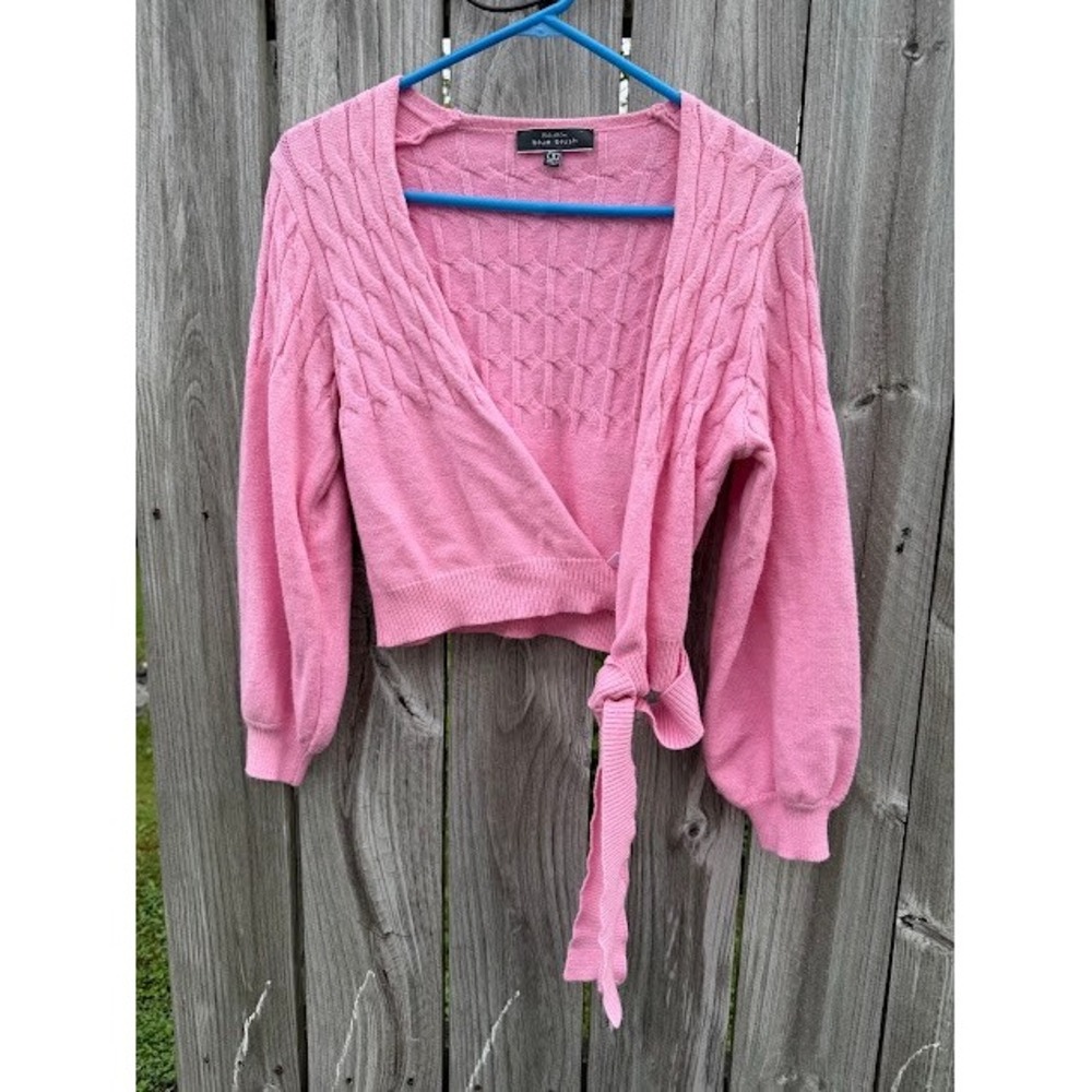 Balletcore Coquette Blue Blush Wrap Cardigan S Pink Cable Knit Balloon Sleeve